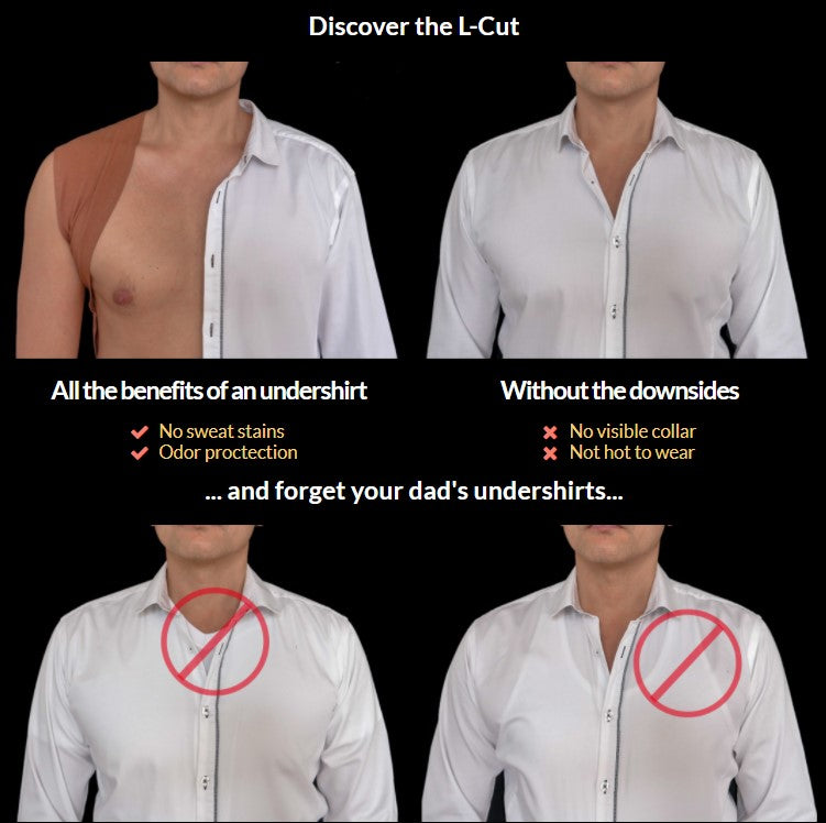 Comparing the LESPIRANT LCut to traditional v-neck and tank-top undershirts. Only the L-Cut undershirt is always invisible thanks to its open front and sleeveless design and skin tone colors