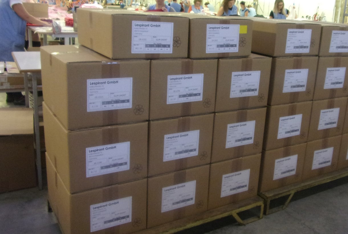 Cartons containing the first production shipment of LESPIRANT LCUT undershirts in 2017 from Siena.pt