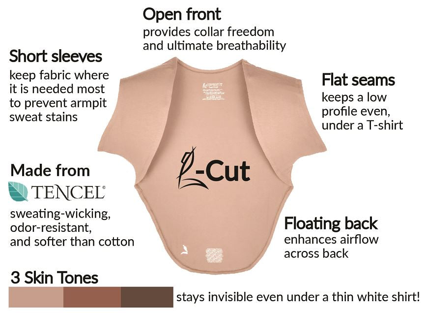 The LESPIRANT L-Cut undershirt is a unique open-front design giving you all the benefits without the downsides of an undershirt. Made from TENCEL, which is softer and keeps you cooler than cotton. It is also naturally odor resistant.